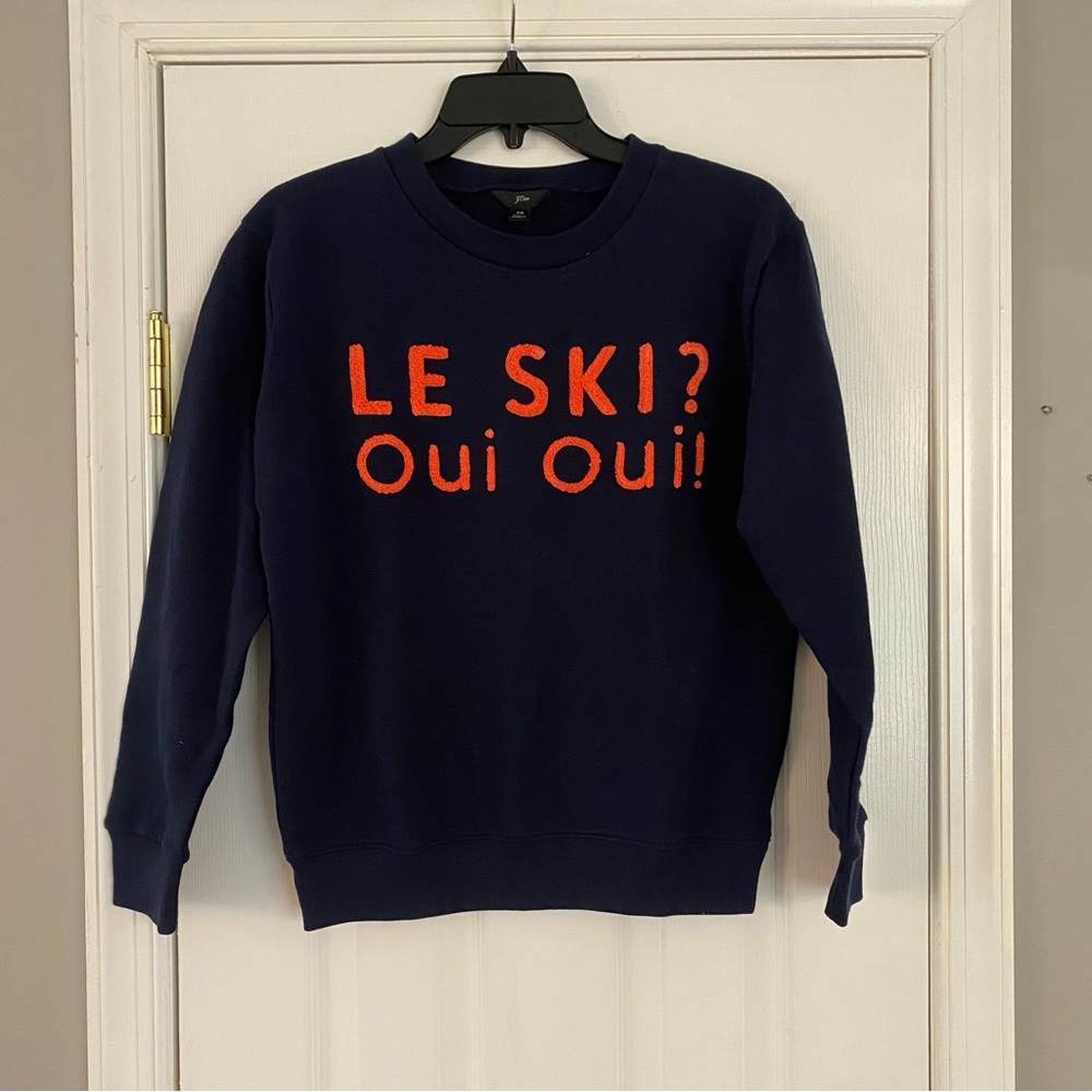 J Crew Le Ski Oui Oui Embroidered Terry Sweatshirt Navy Blue Coral Lettering XS